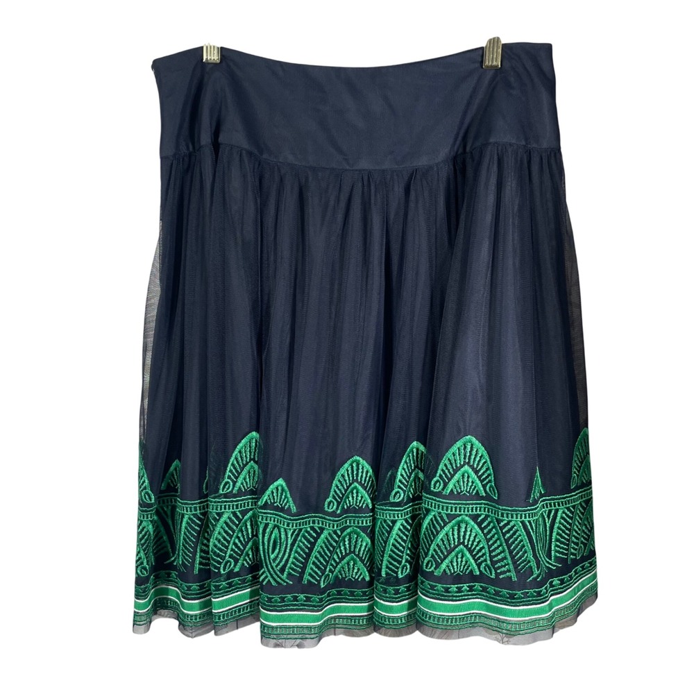Peter Nygård 12P Navy‎ Mesh Embroidered A-Line Skirt NWT Green Trim Side Zip
